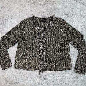 Charlie Paige Womens Sweater Cardigan Black L Open Front Fringe Metallic Evening